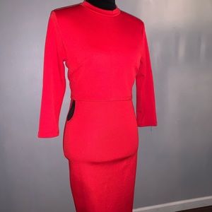 Red High Neck Side Cutout Midi Dress